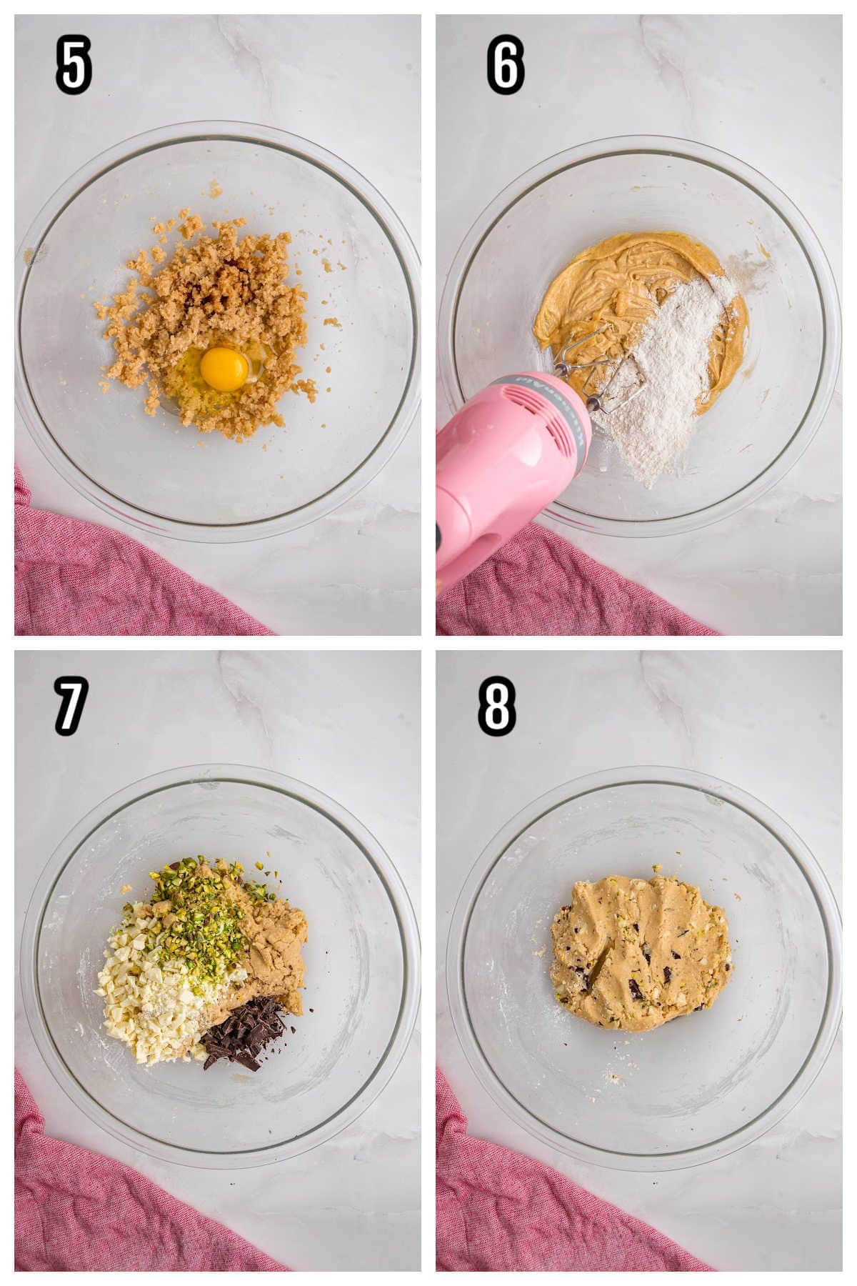 A collage shows steps five through eight for the Thumbprint cookie cups filled with pistachio cream. 
