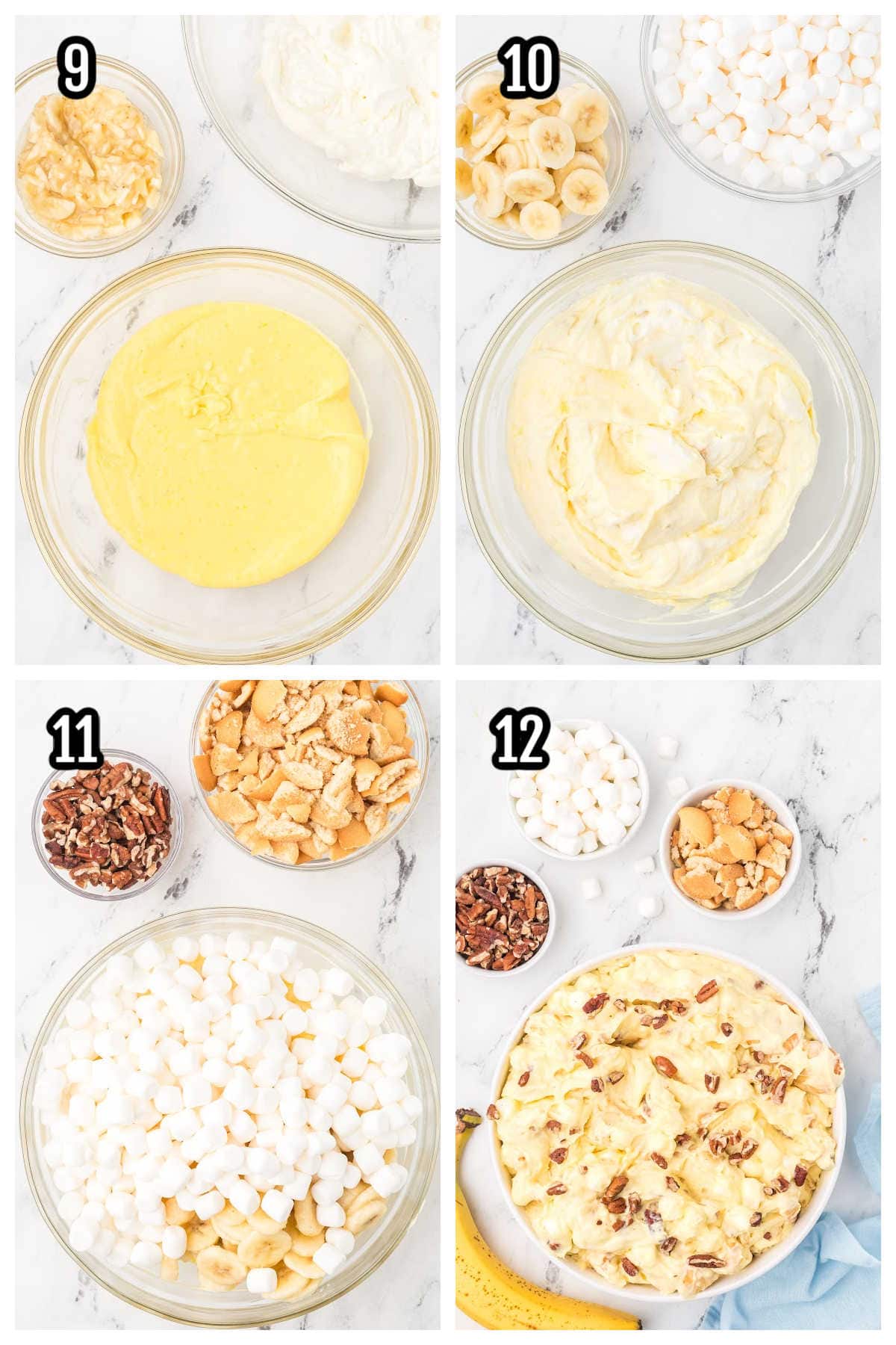 The third collage features steps nine through twelve showing how to finish the banana pudding dessert recipe. 