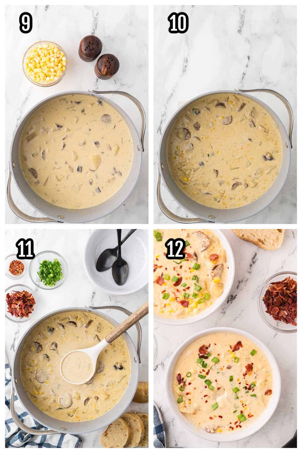 An image of the last four steps to making the Potato Corn Chowder with Sausage recipe. 