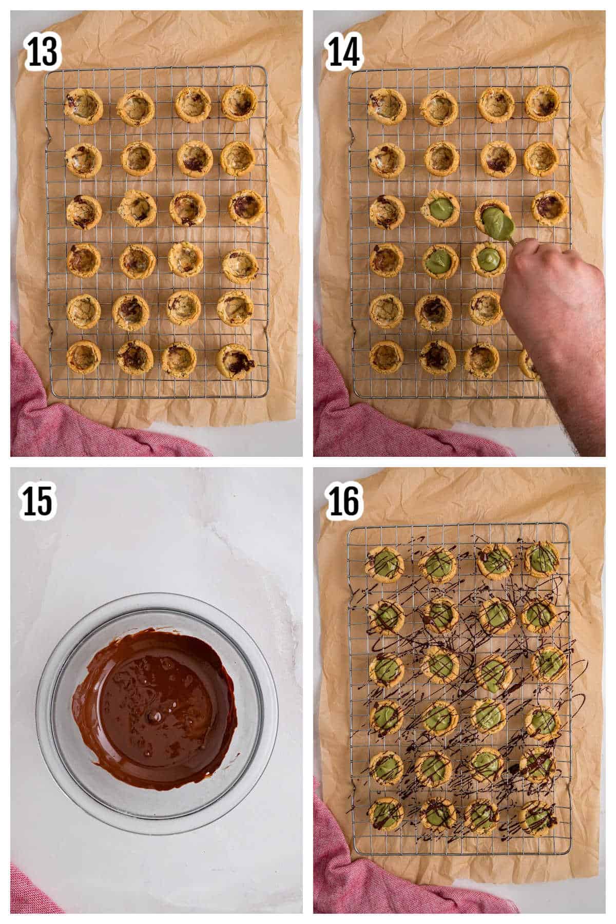 The fourth and final collage shows how to decorate the pistachio cookie cups with dark chocolate. 