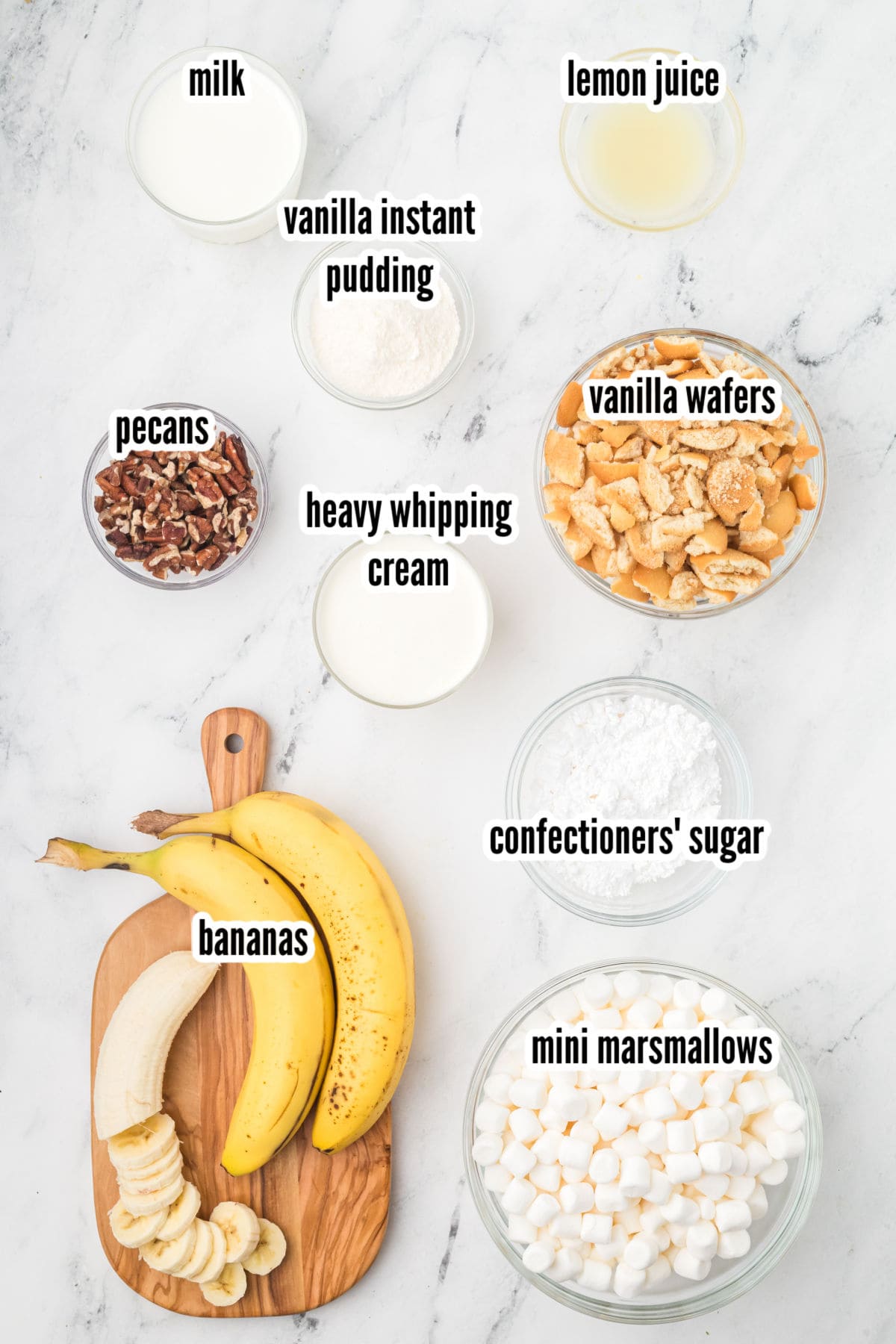 An image of the ingredients needed to make the banana pudding fluff recipe. 