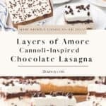 A collage for Pinterest social sharing with a title overlay of the creamy chocolate lasagna recipe.