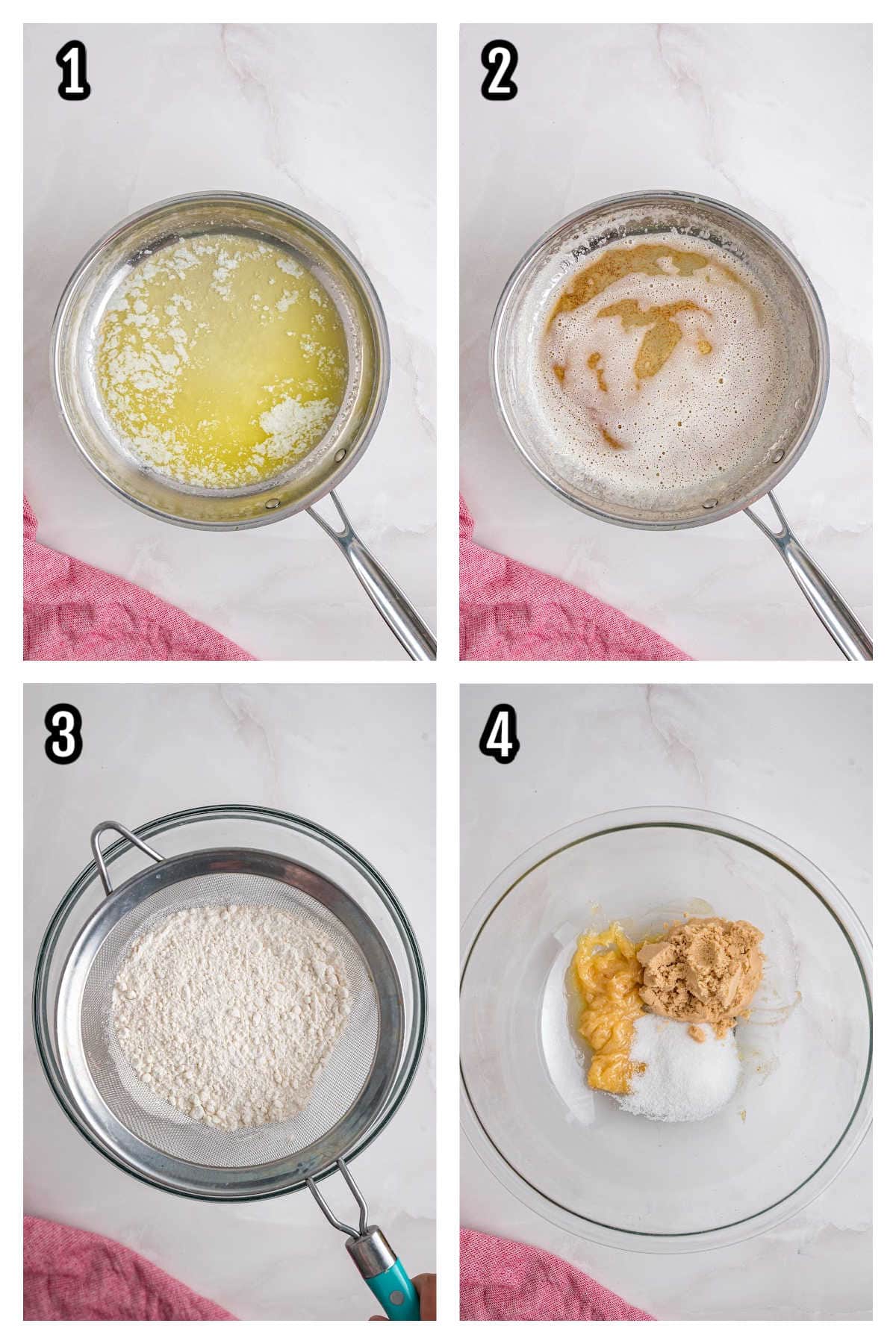 A Collage shows the first four steps to making the Sicilian pistachio cream cookie cups recipe. 