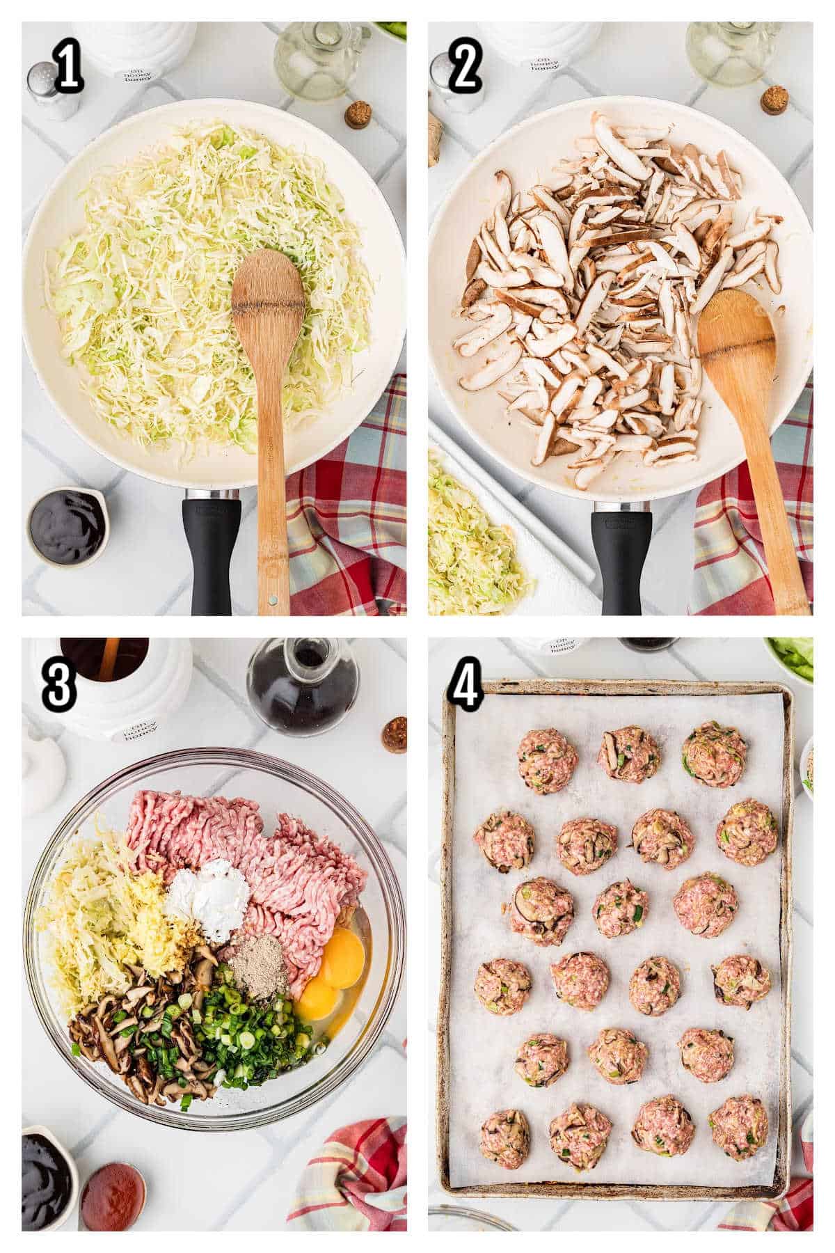 Collage of the first four steps to making the Asian meatballs with sesame seeds. 