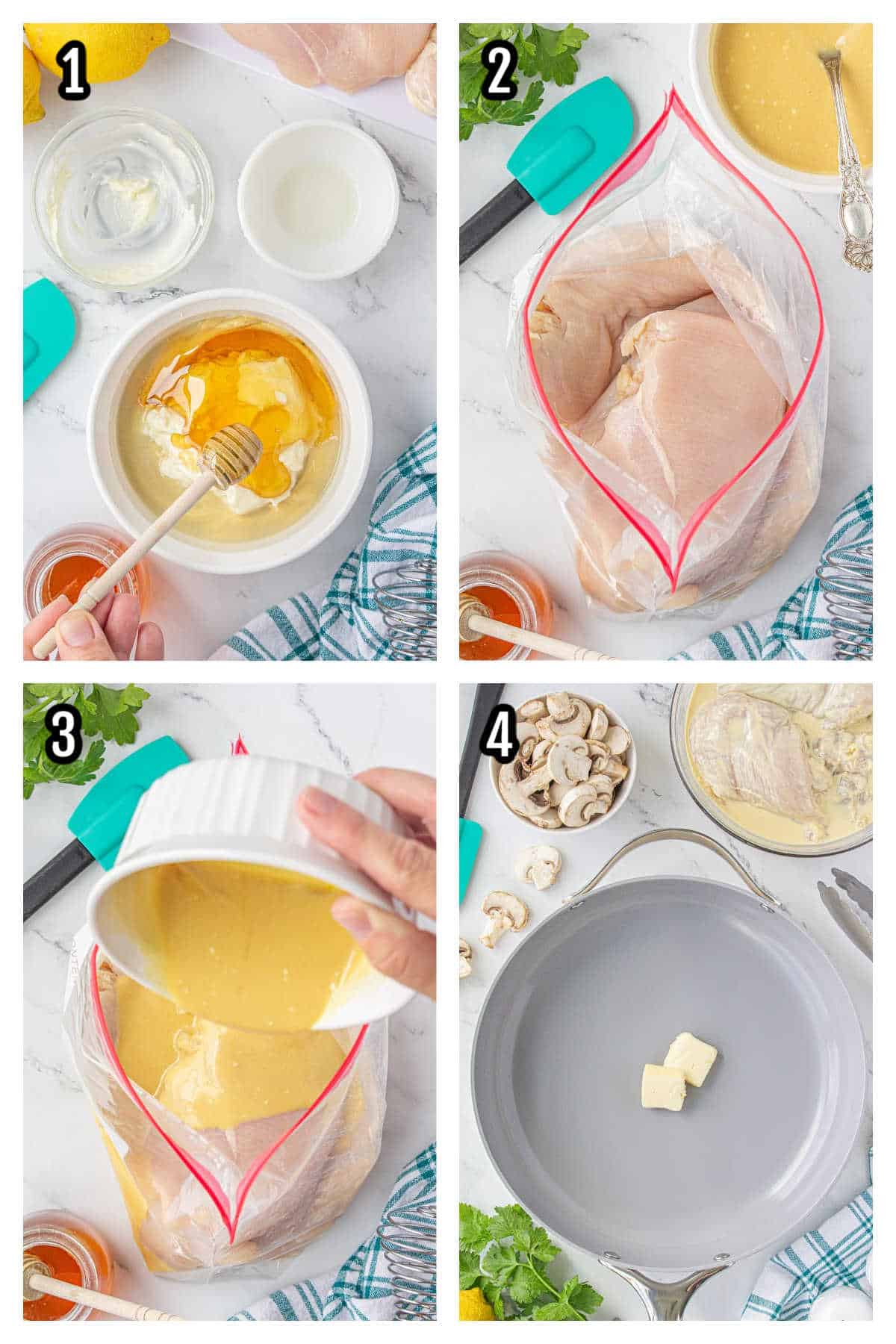 A collage featuring the first four steps to making the Outback Steakhouse copycat recipe for Alice Springs Chicken. 