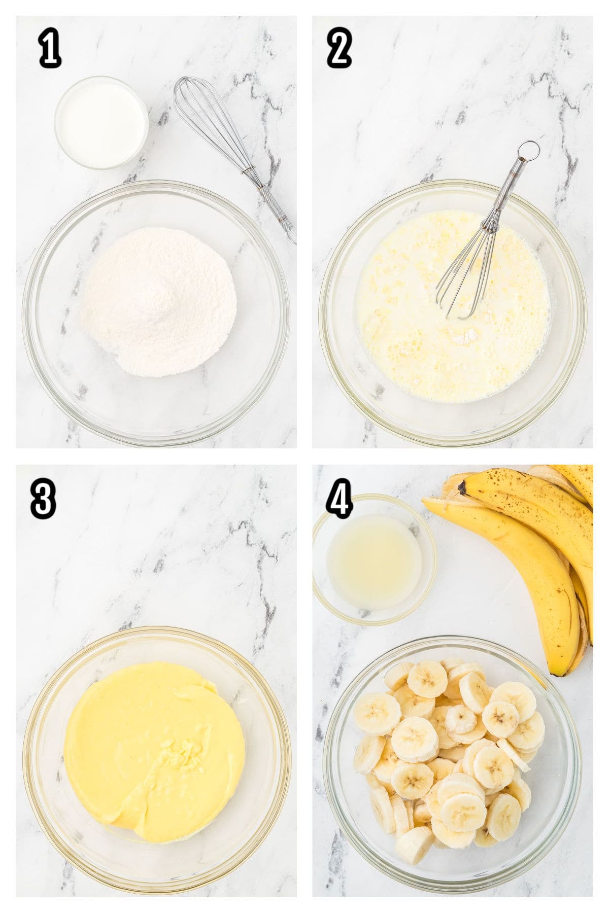 A collage features the first four steps to making the banana pudding fluff recipe. 