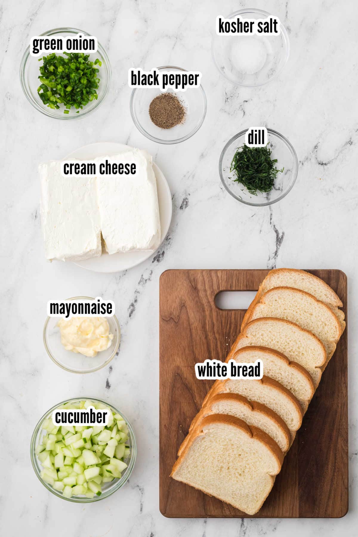 An image of the ingredients needed to make the Kentucky Benedictine Cucumber tea sandwich spread recipe.