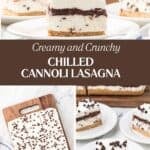 Pinterest three-photo collage with a title overlay features the cannoli-inspired no-bake recipe.