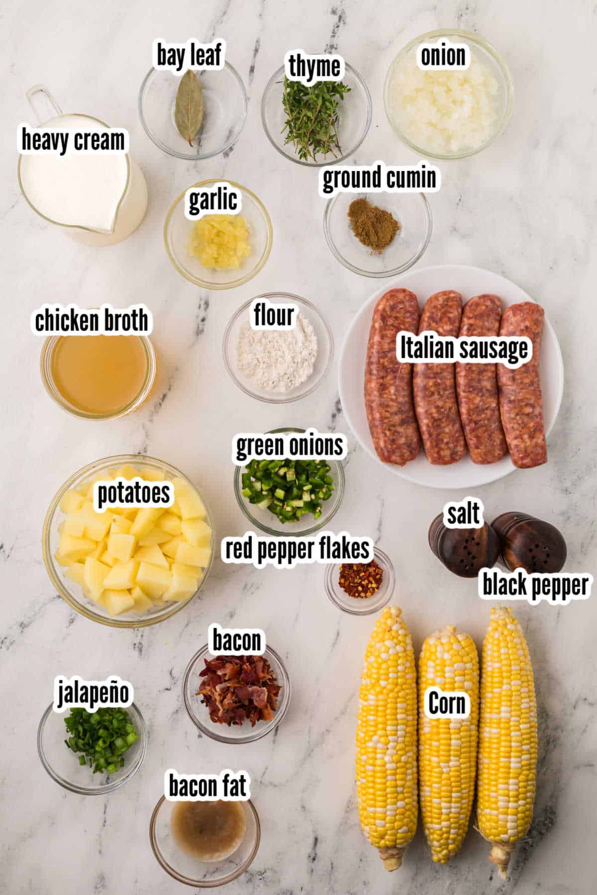 Image of the ingredients needed to make the potato corn chowder recipe. 