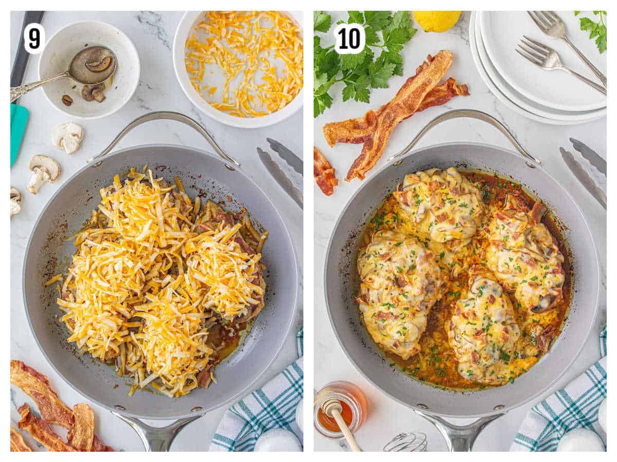 A two photo collage features the final steps to completing the Alice Springs Chicken breast recipe. 