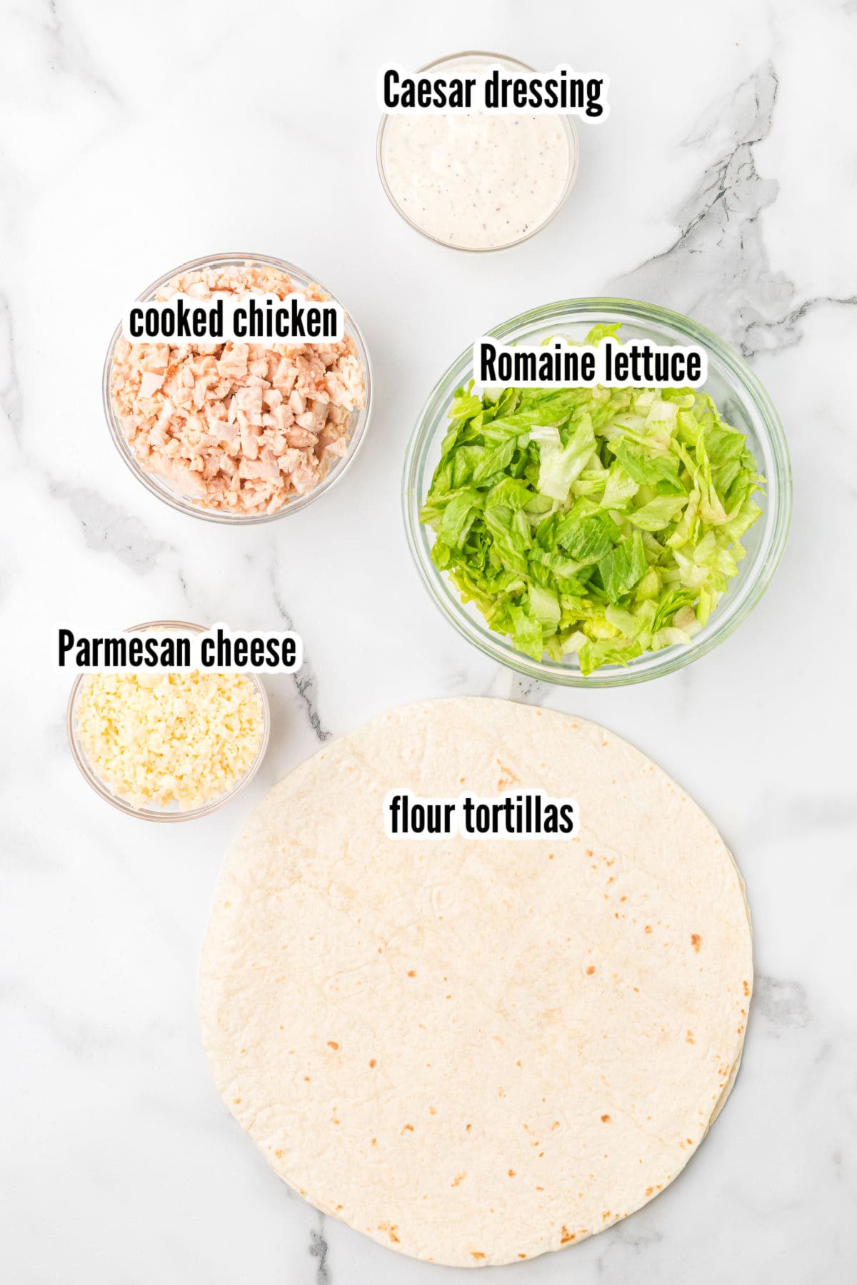 Image of the ingredients needed to make the Flour Tortilla Cone Caesar Salad recipe. 