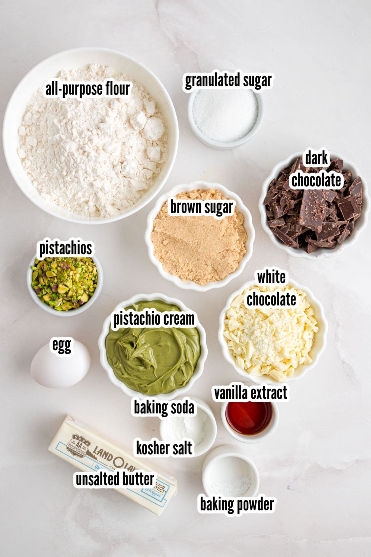 An image of the ingredients needed to make the cookie cups filled with pistachio cream. 