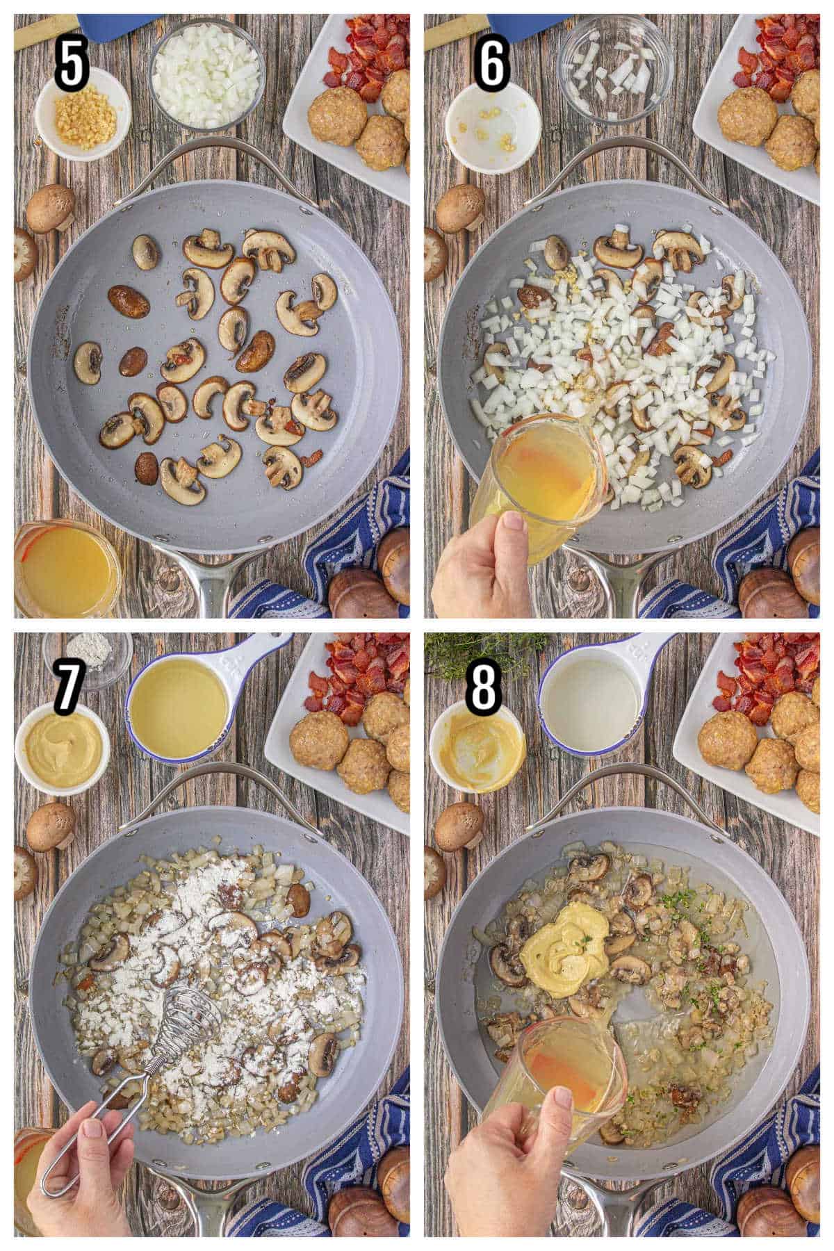 Image of steps five through eight for the French chicken in white wine sauce recipe. 