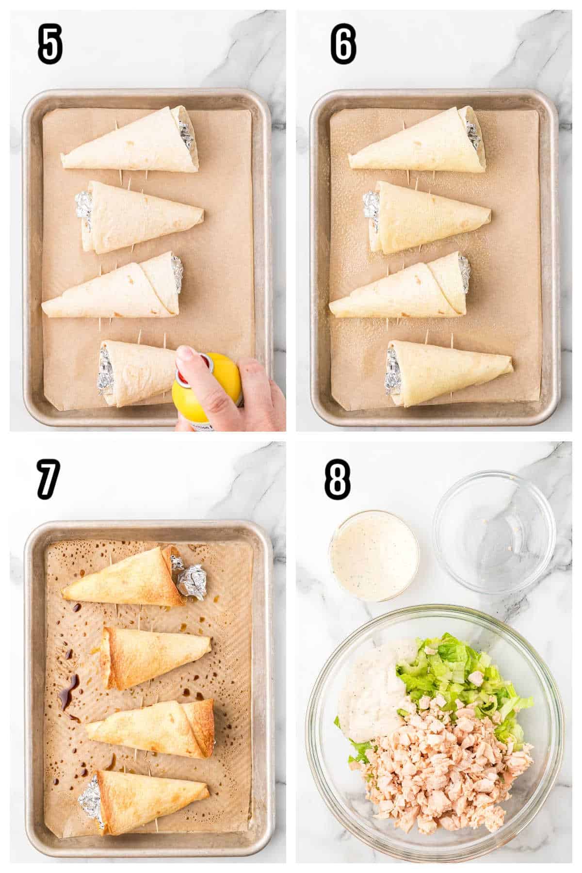 A collage featuring steps five through eight for the Caesar Salad in a Tortilla Cone recipe. 
