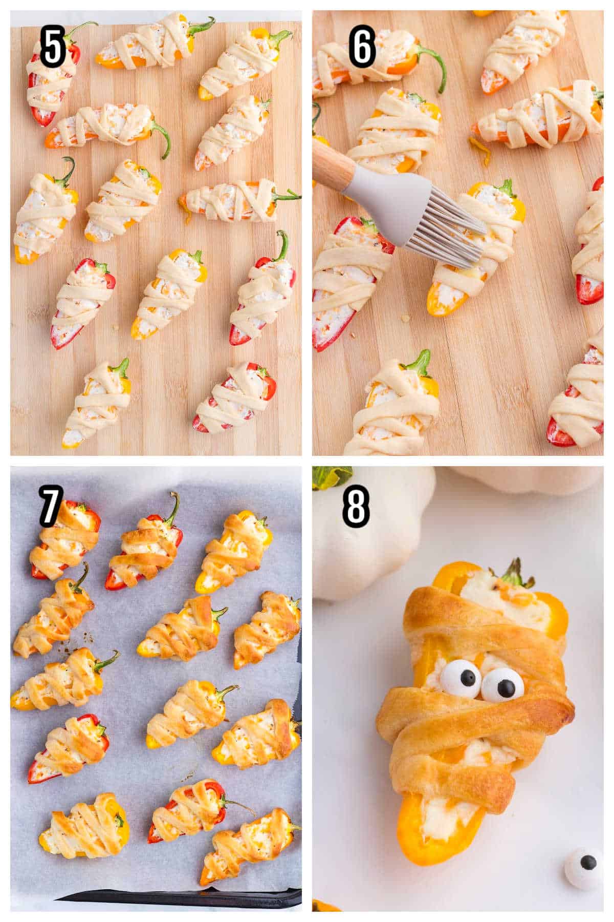 Steps five through eight for the mini pepper mummy Halloween appetizer recipe. 