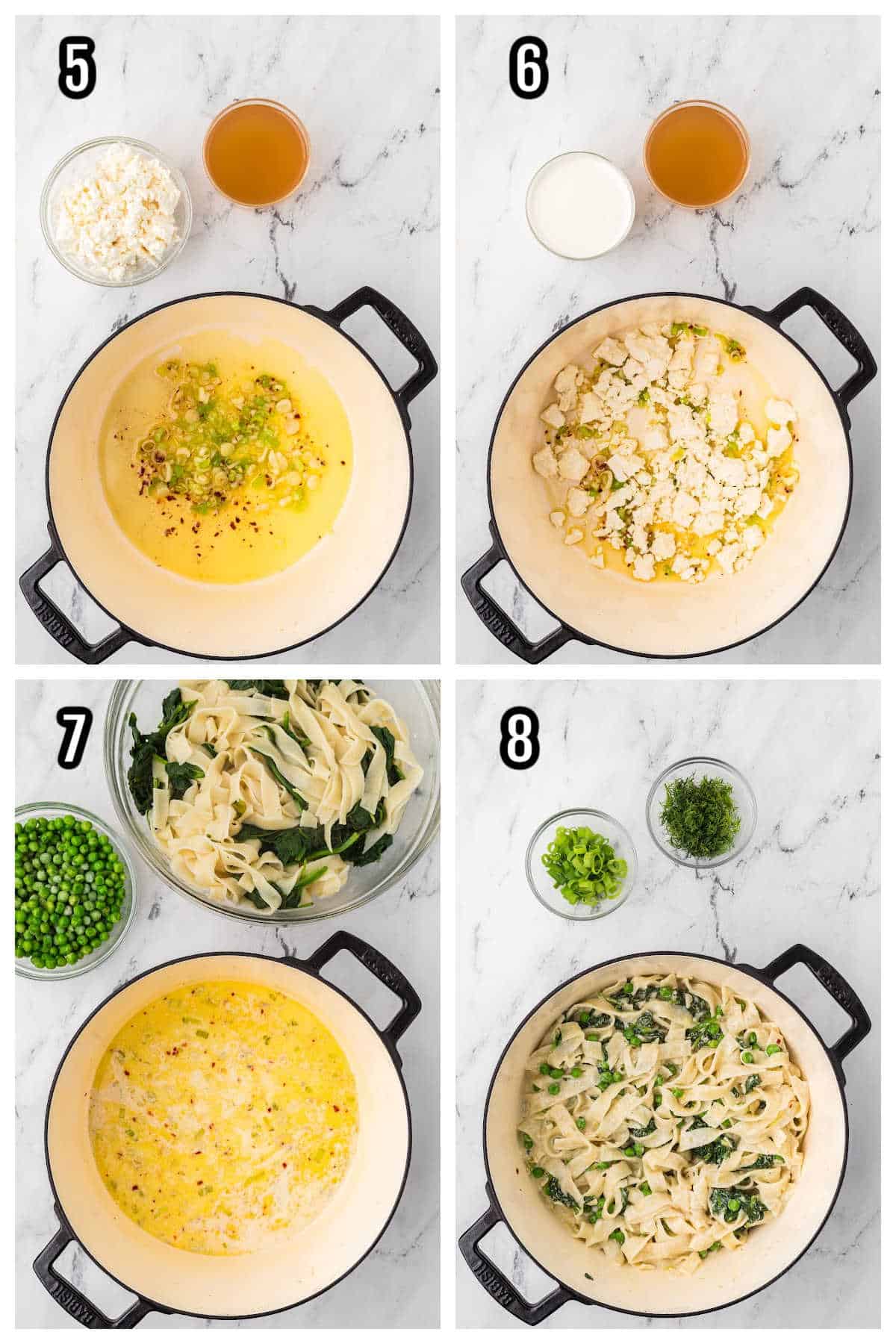 A second collage features steps five through eight for the Greek Spanakopita pasta recipe. 