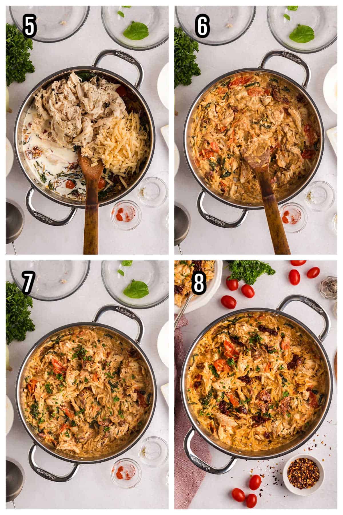 A collage featuring steps five through eight for the one-pot Tuscan Spinach Chicken and Orzo recipe. 