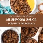 Three photo collages for Pinterest feature different aspects of the recipe, Mushroom sauce.