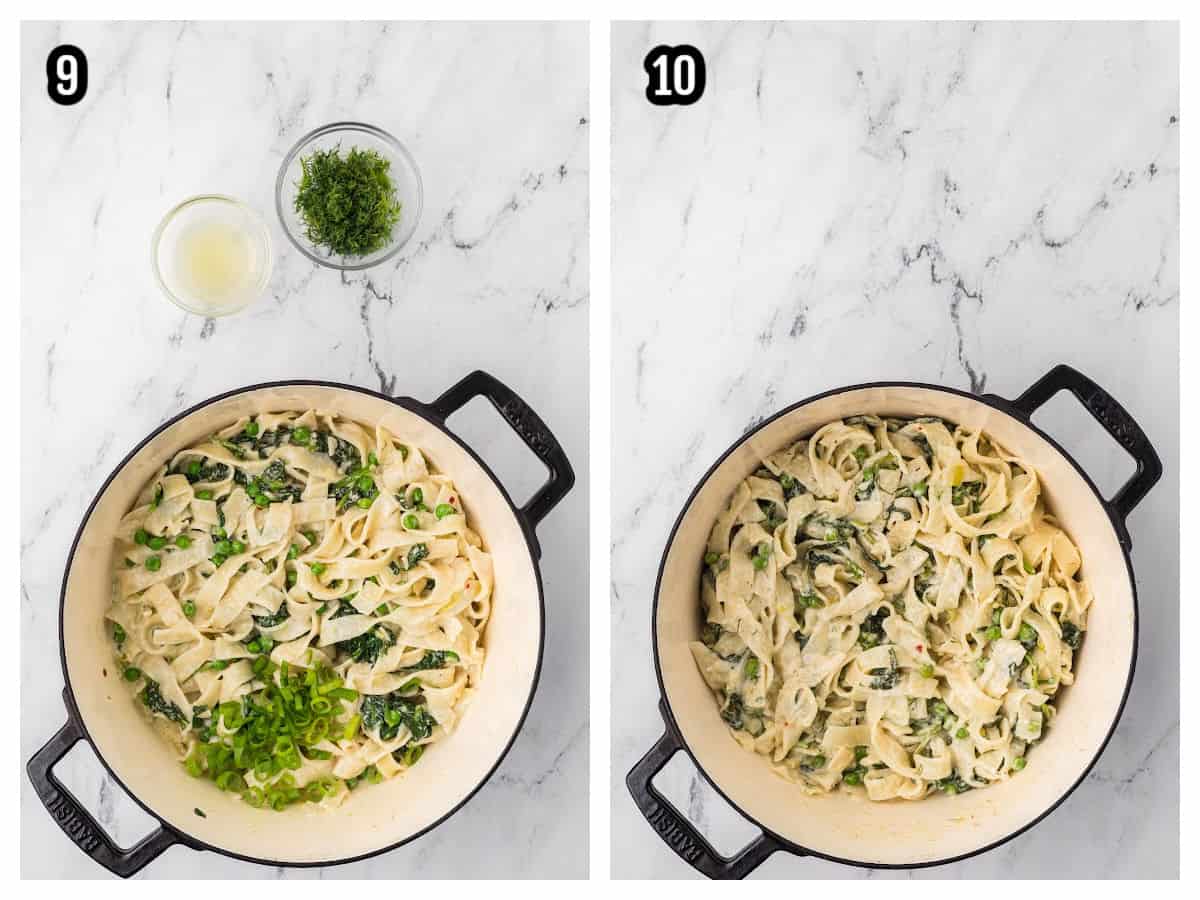 A Greek Pasta recipe collage features the final two steps for making the tagliatelle pasta dish. 
