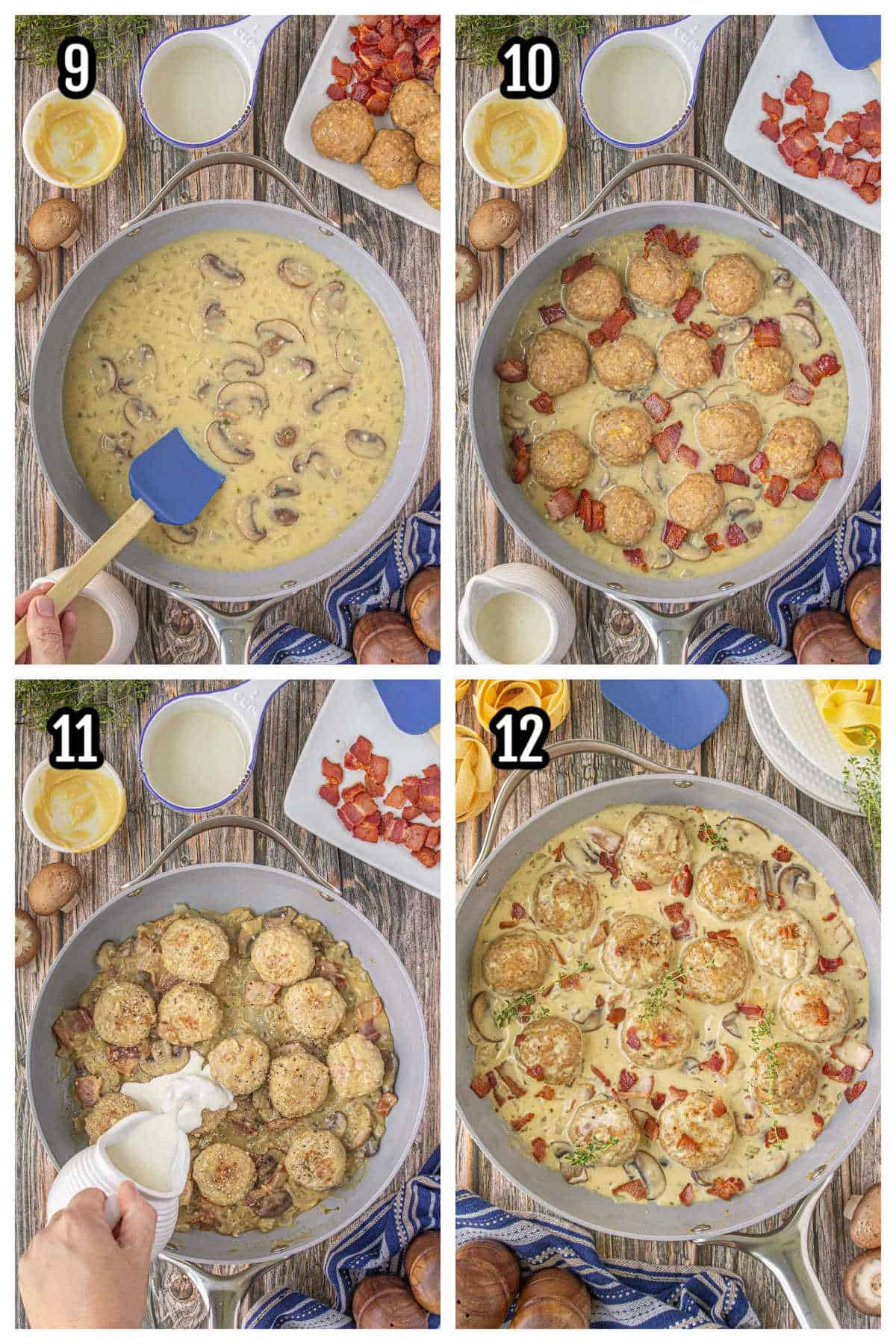 An image of steps nine through twelve for the Chicken in white wine and mushroom sauce recipe. 