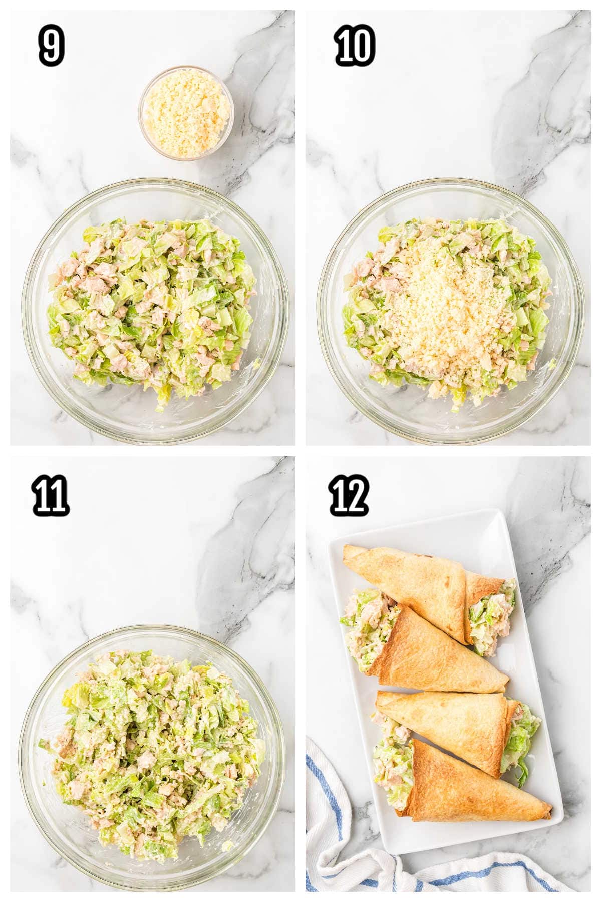 A collage featuring steps nine through twelve, finishing the Caesar Salad in a Cone recipe. 