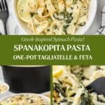 A three-photo collage featuring the Greek-inspired tagliatelle recipe for Pinterest share pinning.
