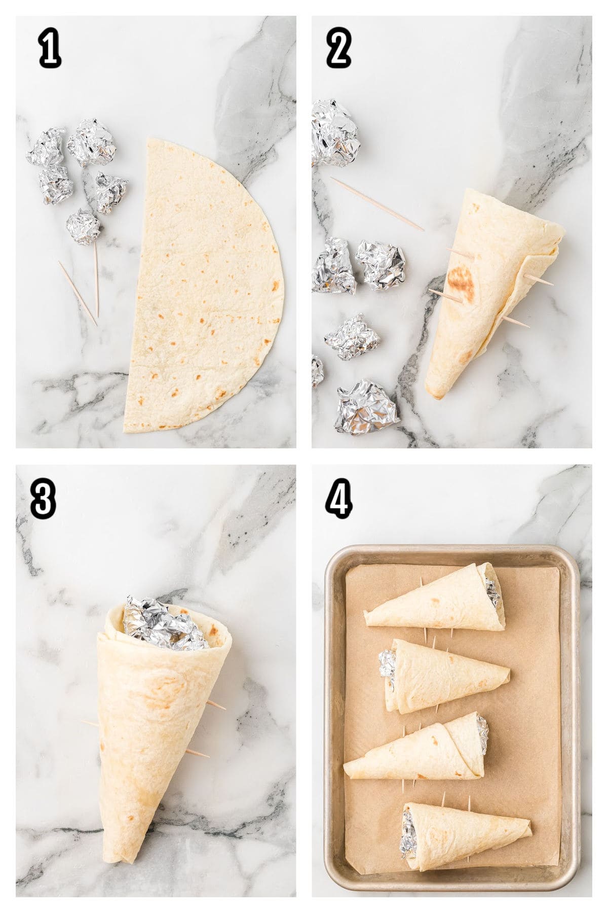 First four steps to preparing the flour tortilla cones to hold the Caesar salad. 