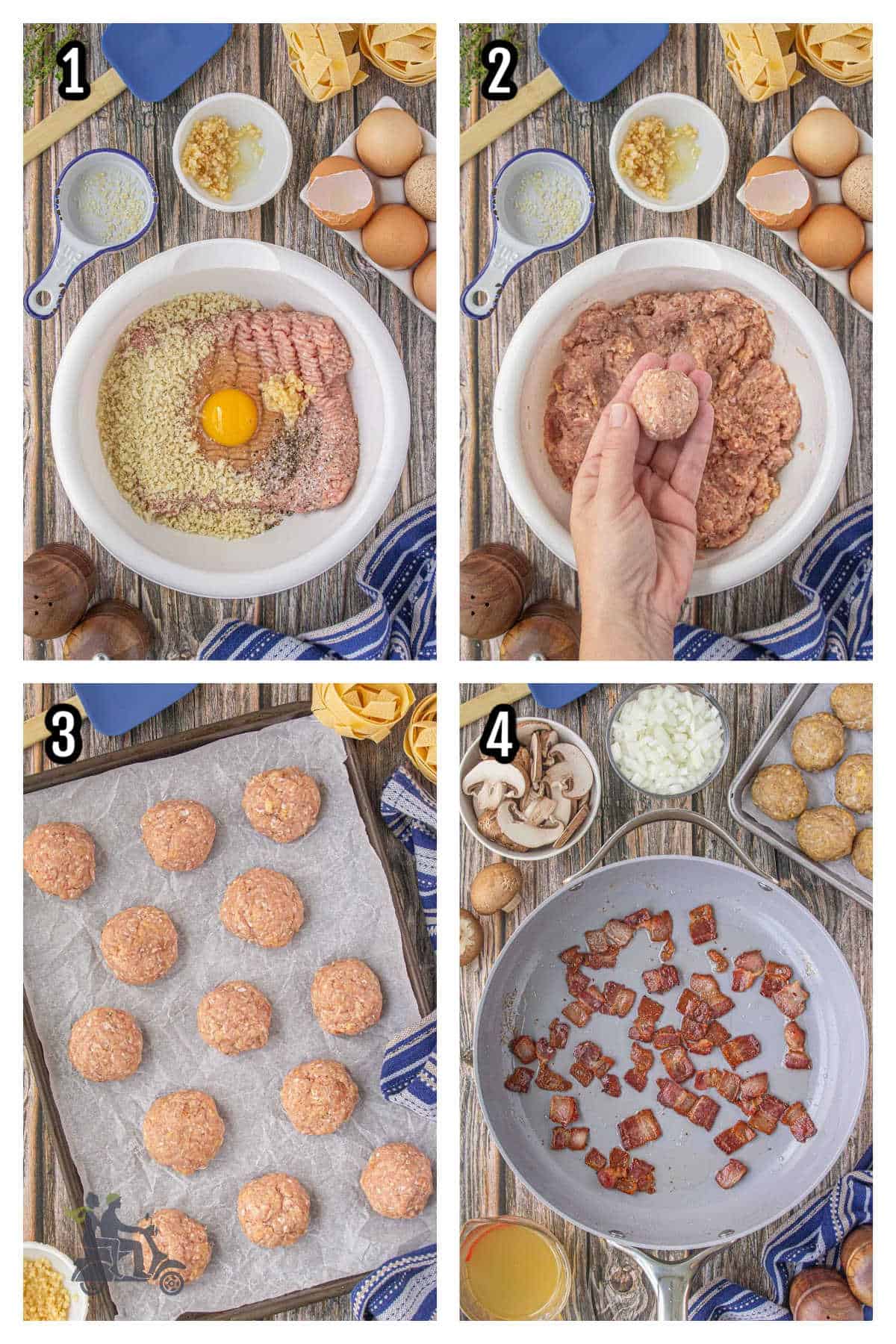 The first four steps of the Coq au Vin Blanc recipe. 