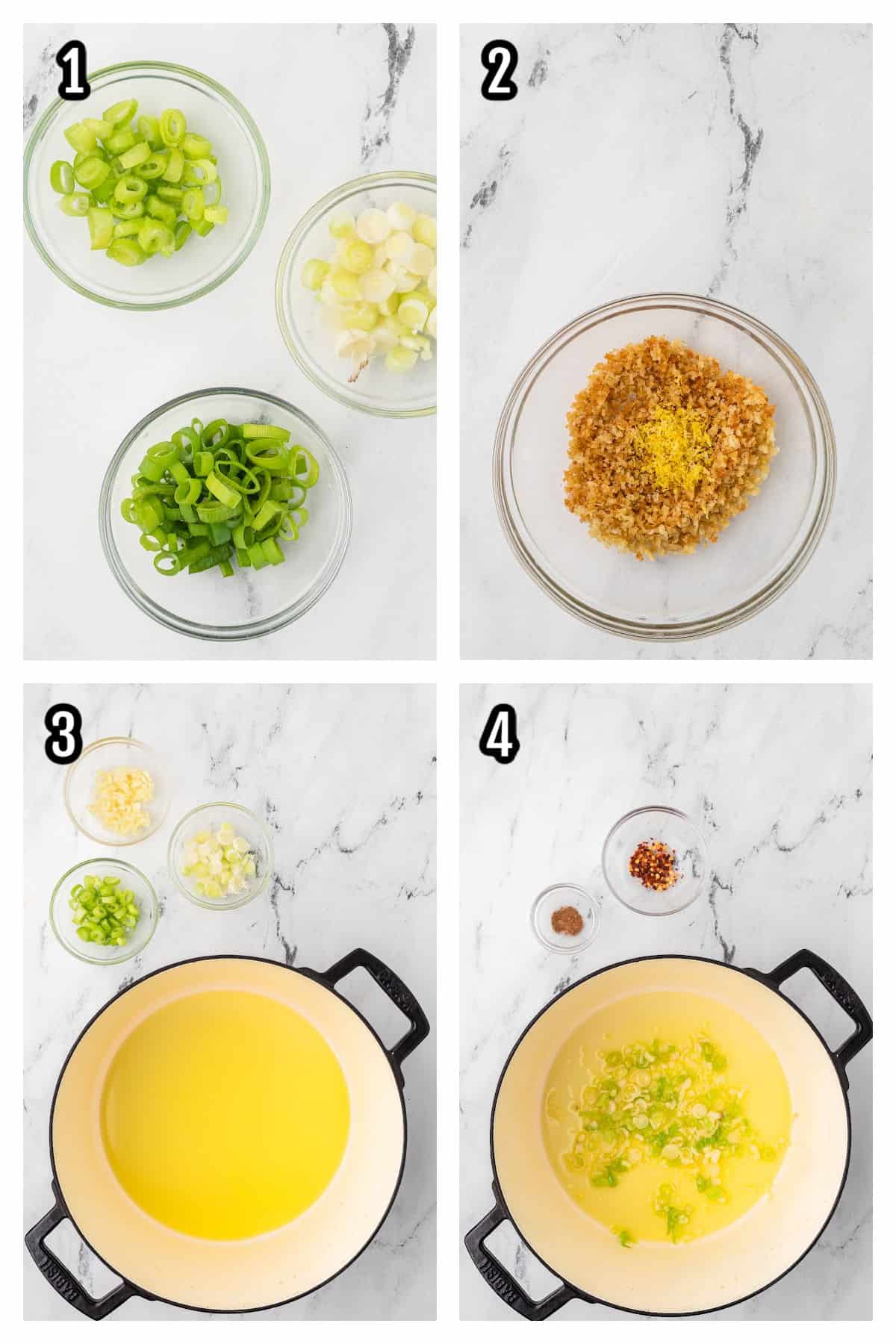 Collage featuring the first four steps to making the Greek Pasta with feta and spinach recipe. 