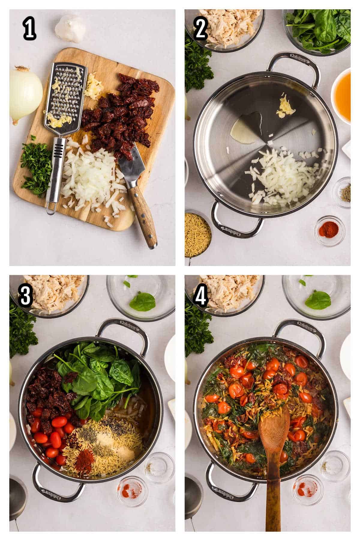 A collage featuring the first four steps of the Tuscan Chicken Orzo Pasta recipe. 