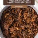 Hearty mushroom ragù in a Dutch oven made for Pinterest share pinning.