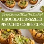 A Pinterest long pin shows a two-photo collage. It has a title overlay and features a plate of pistachio-filled cookie cups.