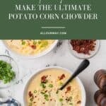 A Pinterest pin with a title overlay close-up of spicy corn chowder with fresh corn, potatoes, and crispy bacon.