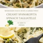 A two-photo collage featuring the quick and easy Mediterranean pasta recipe for pinning and social sharing.