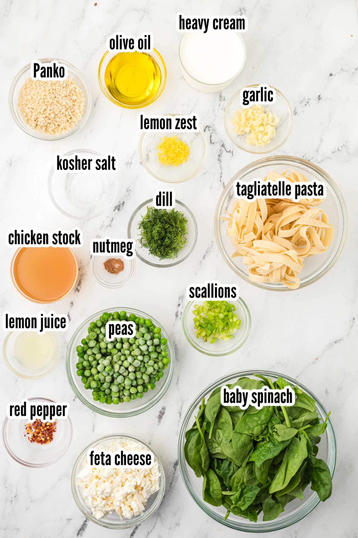 Ingredients needed to make the Mediterranean Spanakopita Pasta dish. 