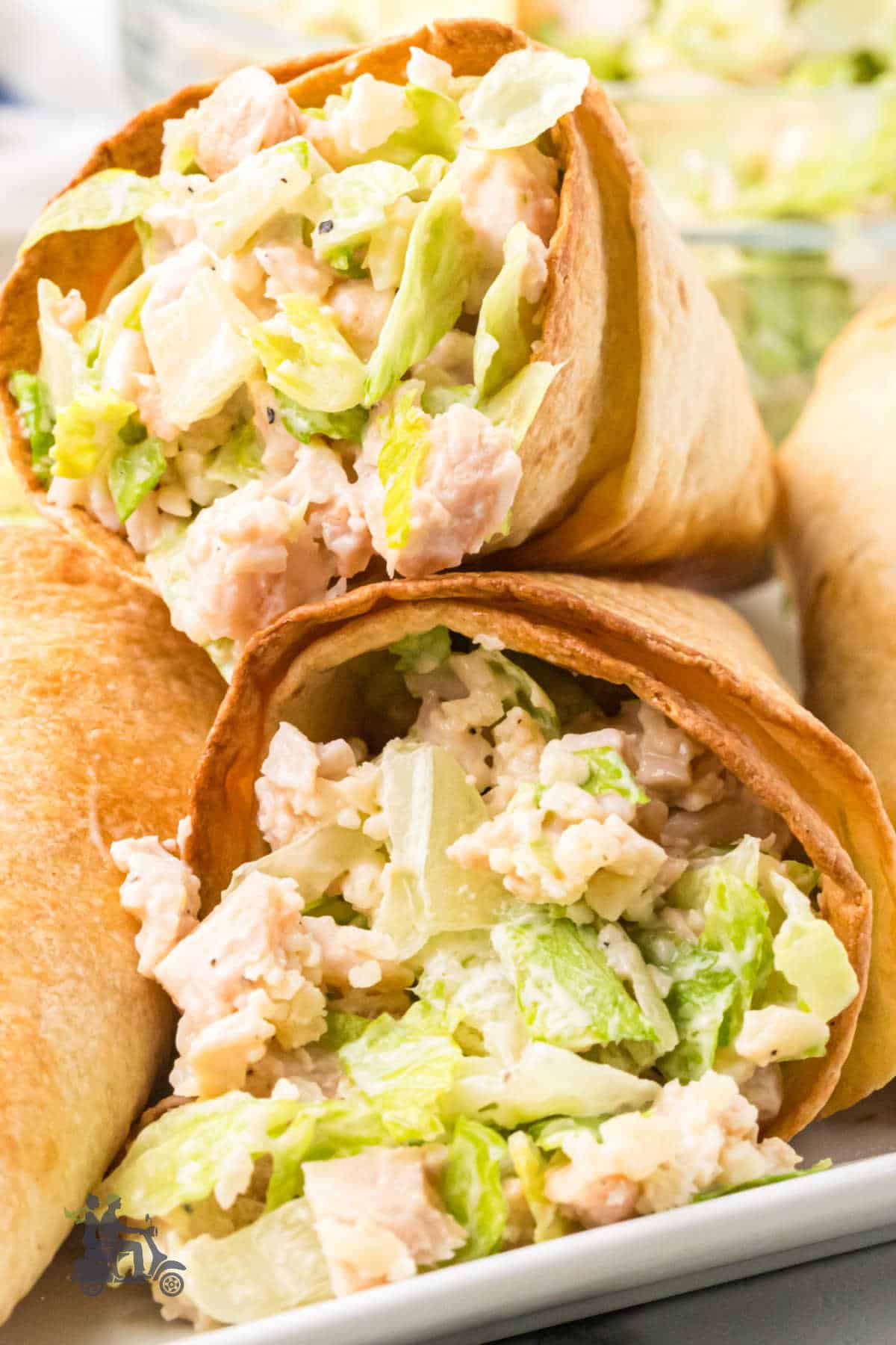Side view of the flour tortilla cones filled with Caesar Salad with Chicken. 