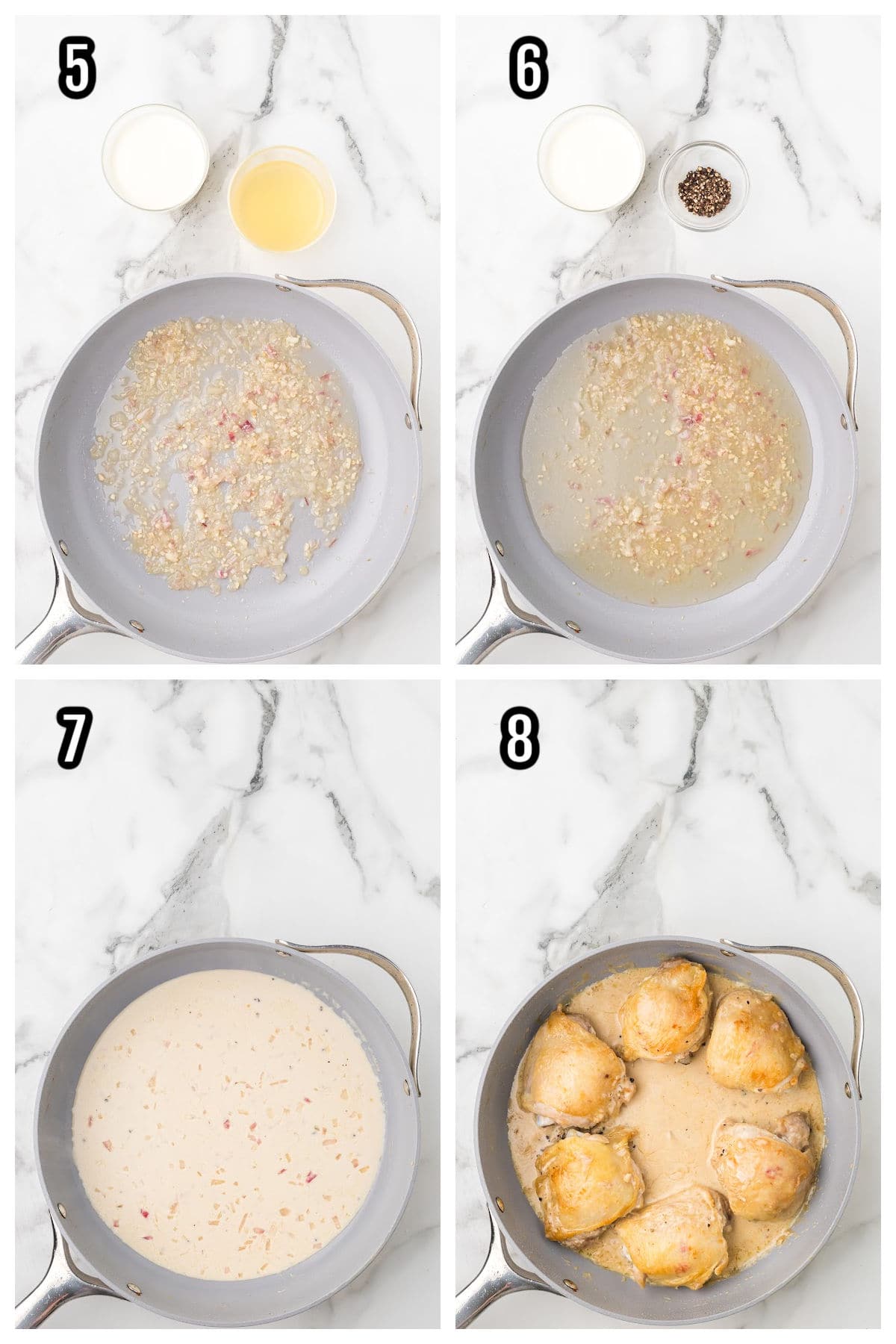 A collage featuring steps five through eight for the Chicken and Pecorino Romano recipe.