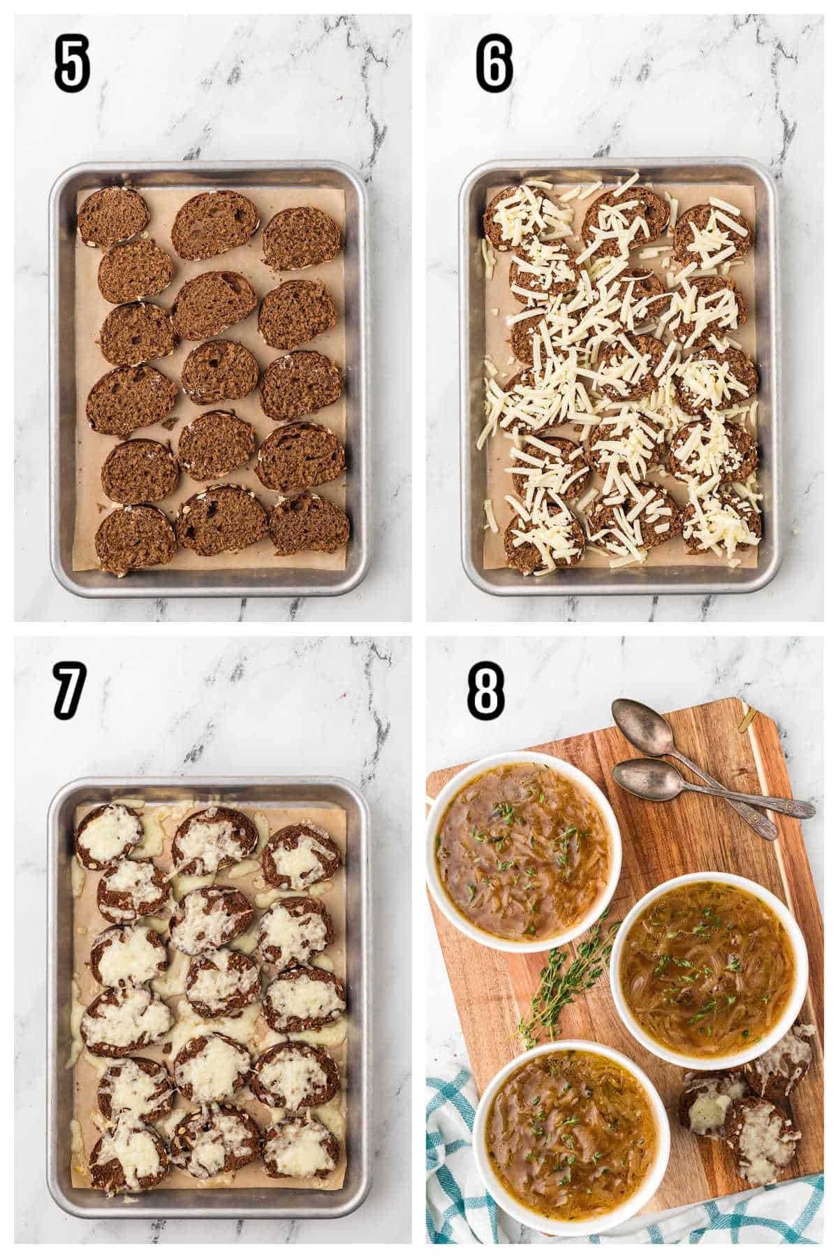 A collage featuring steps five through eight for the French Onion Soup recipe made in a slow cooker. 