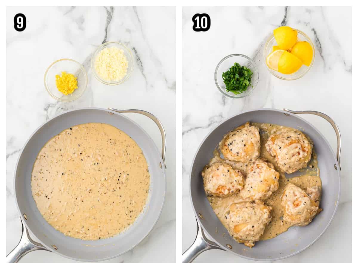 An image of steps nine and ten to complete the Cacio e Pepe Chicken Thighs recipe.