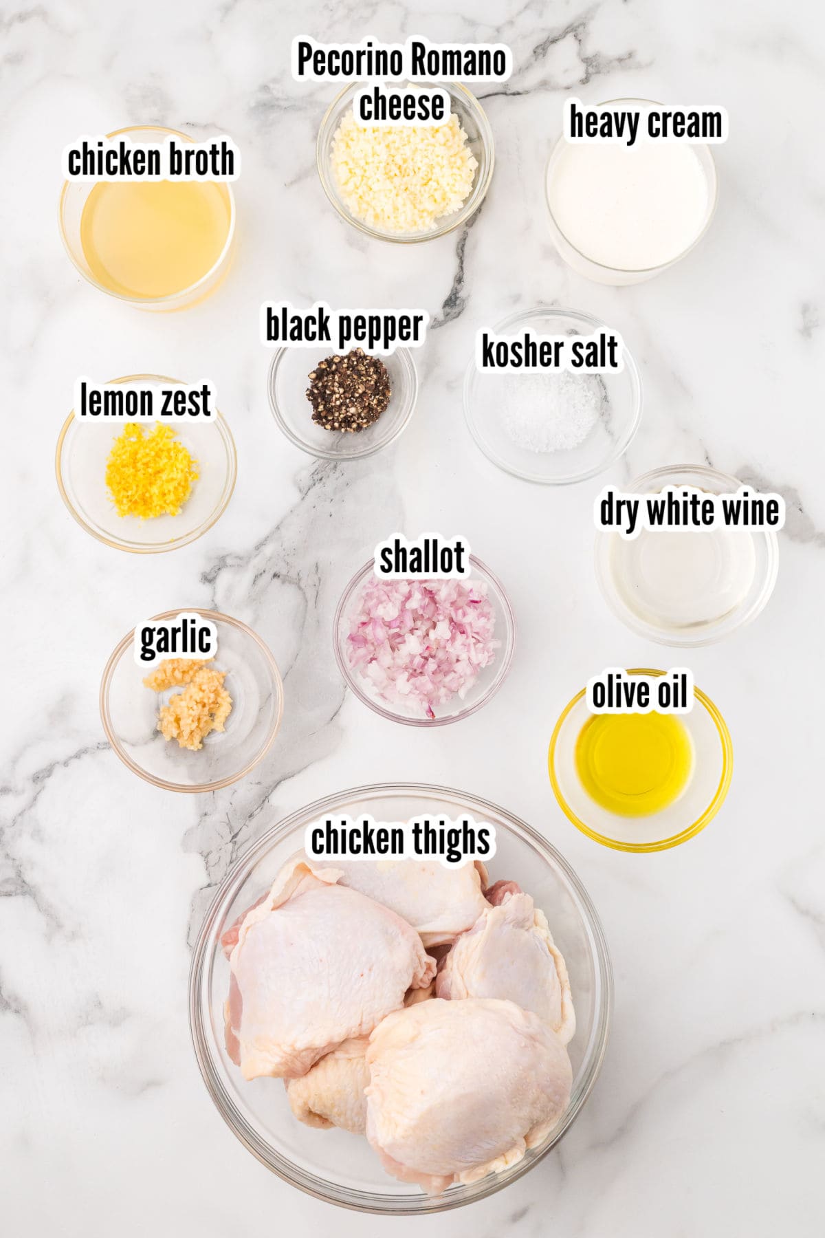 Ingredients needed to make the quick and easy chicken skillet recipe with pecorino romano, black pepper, and garlic.