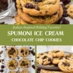 A Pinterest collage features three photos of the spumoni cookie recipe with one image on a wire cooling rack and the other on a dessert plate.