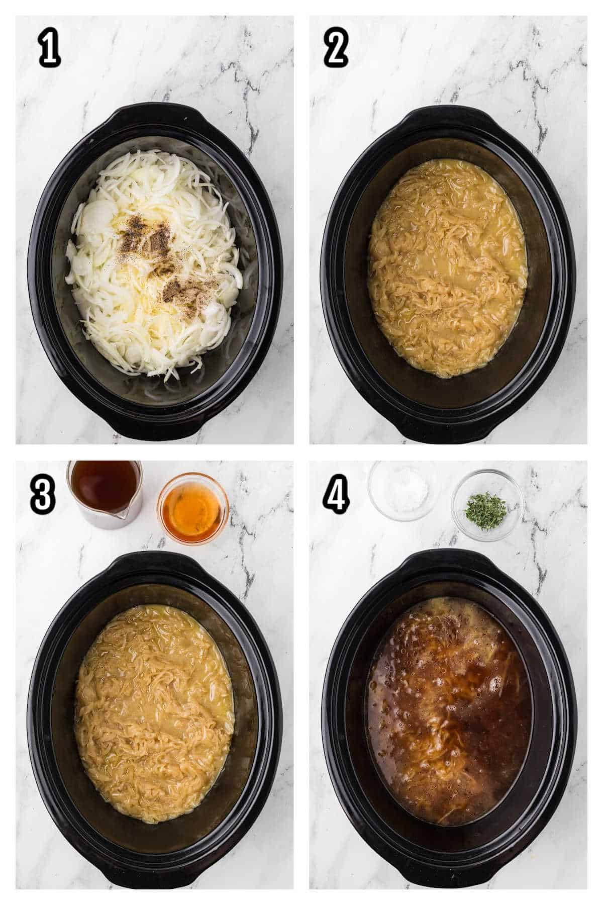 A Collage featuring the first four steps to making the Crockpot Onion Soup with Cheese toast. 