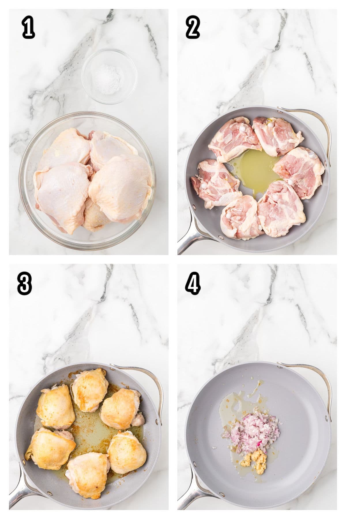 First four steps to making the easy chicken thigh dinner recipe in one skillet.
