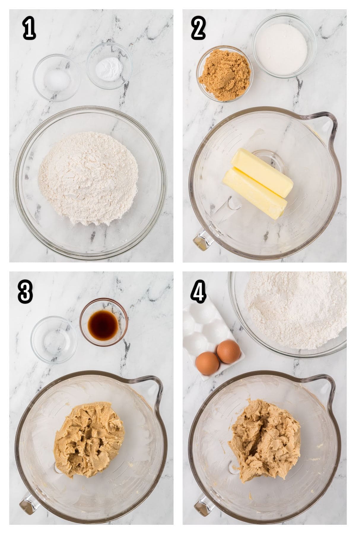 The first four steps needed to making the homemade spumoni cookies inspired by the Italian ice cream. 