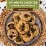 Spumoni icream flavored cookies on a round dessert plate image with a title overlay for Pinterest pinning.