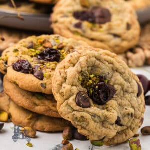 Italian spumoni ice cream-inspired cookies with chocolate, cherries, and pistachios.