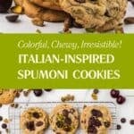 A Pinterest collage features two photos of the spumoni cookie recipe with one image on a wire cooling rack and the other on a dessert plate.