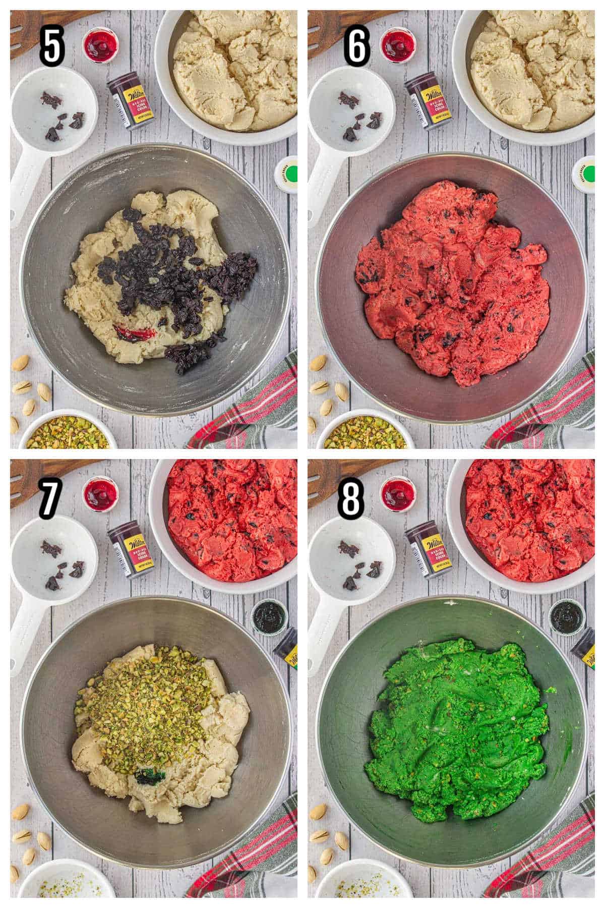 Image of steps five through eight for the Christmas pinwheel recipe with cherries and pistachios.