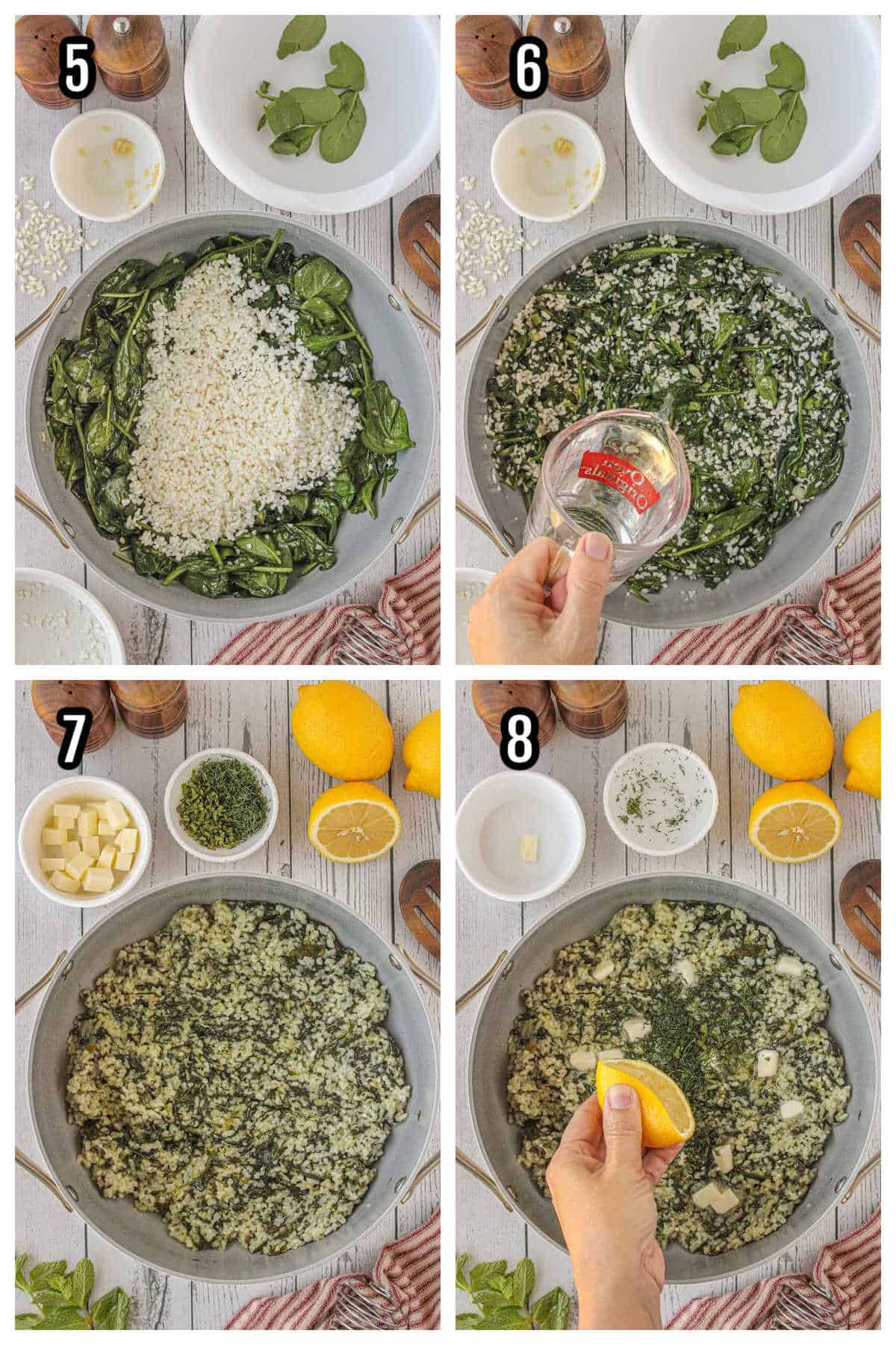 Second collage features steps five through eight for making the Mediterranean rice with spinach and lemon. 