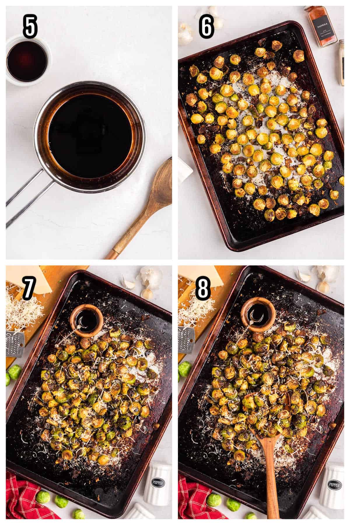 The second collage shows steps five through eight for the Parmesan Balsamic Brussels Sprouts recipe. 